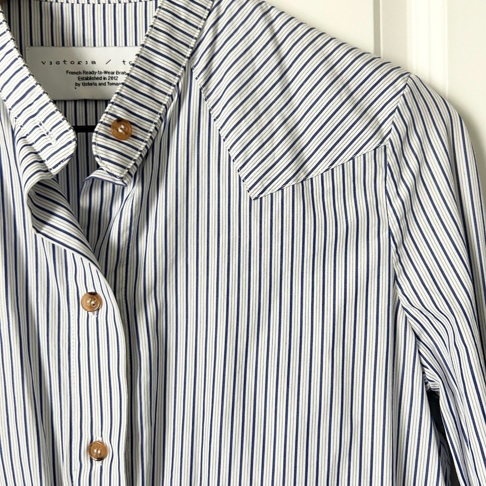 Victoria Tomas French Striped Cotton Button Down Shirt Blouse Size 4 US 36 FR - Picture 3 of 7